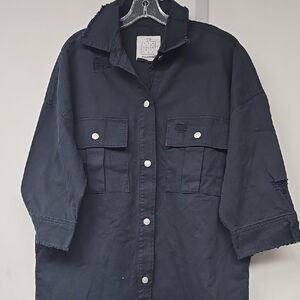 Black Utility Jacket with Collared Neckline and Relaxed Fit